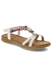 Białe Sandały Artiker Modne Obuwie Damskie. Okazja: na spacer. Zapięcie: pasek. Kolor: biały. Materiał: materiał. Wzór: kolorowy, aplikacja, paski. Sezon: lato #1