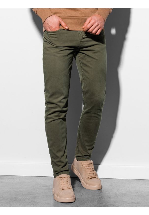 Ombre Clothing - Spodnie męskie w stylu chino - khaki P895 - L. Okazja: do pracy, na co dzień. Kolor: brązowy. Materiał: elastan, tkanina, bawełna. Styl: casual, klasyczny