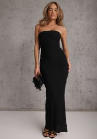 Renee - Czarna Koktajlowa Sukienka Bandeau z Bawełnianej Koronki z Rozcięciem na Nogę Manore. Typ kołnierza: dekolt w łódkę. Kolor: czarny. Materiał: bawełna, koronka. Długość rękawa: bez ramiączek. Wzór: koronka. Sezon: lato. Typ sukienki: dopasowane. Styl: wizytowy #2