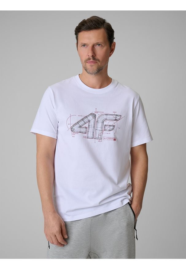 4f - 4F T-shirt regular z nadrukiem męski - biały XXL. Okazja: na co dzień. Kolor: biały. Materiał: dzianina, bawełna, materiał. Wzór: nadruk. Styl: casual