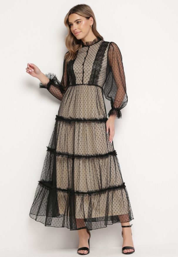 Born2be - Beżowo-Czarna Rozkloszowana Sukienka Maxi z Przezroczystszego Tiulu Ozdobiona Koronką Lanessa. Kolor: beżowy. Materiał: tiul, koronka. Wzór: aplikacja, koronka. Długość: maxi