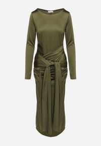 Born2be - Zielona Sukienka Koktajlowa Ozdobiona Wiązaniem i Wycięciem Vamizola. Okazja: na co dzień. Kolor: zielony. Wzór: aplikacja. Typ sukienki: proste. Styl: wizytowy #3