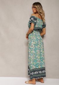 Renee - Zielona Sukienka z Bawełny z Gumką w Pasie i Wiązaniem przy Dekolcie Hiletta. Okazja: na co dzień. Kolor: zielony. Materiał: bawełna. Styl: casual #4