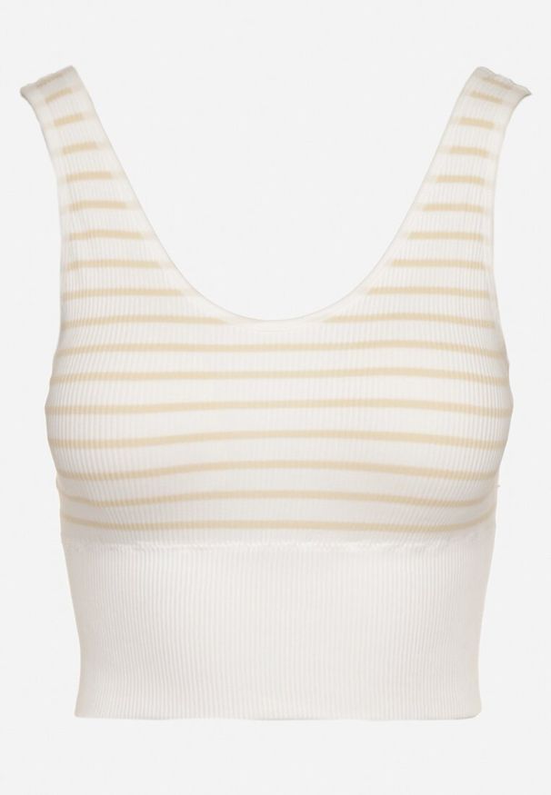 Born2be - Biało-Beżowy Tank Top w Paski z Prążkowanej Tkaniny Sesillia. Okazja: na co dzień. Kolor: brązowy. Materiał: tkanina, prążkowany. Wzór: paski. Styl: klasyczny, elegancki, casual