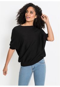 bonprix - Sweter z cienkiej dzianiny z mieszanki bawełny. Kolor: czarny. Materiał: dzianina, bawełna. Długość rękawa: krótki rękaw. Długość: krótkie. Wzór: gładki, ze splotem #1