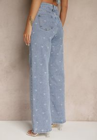 Renee - Niebieskie Jeansy High Waist z Szeroką Nogawką i Nadrukiem w Kokardki Folirela. Okazja: na co dzień. Stan: podwyższony. Kolor: niebieski. Wzór: nadruk. Styl: klasyczny, casual #3