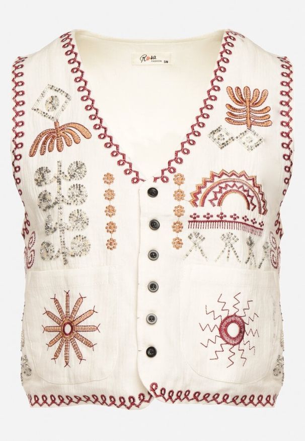 Born2be - Jasnobeżowa Haftowana Bawełniana Kamizelka z Guzikami Danisea. Okazja: na co dzień. Kolor: beżowy. Materiał: bawełna. Wzór: haft. Styl: klasyczny, casual, elegancki