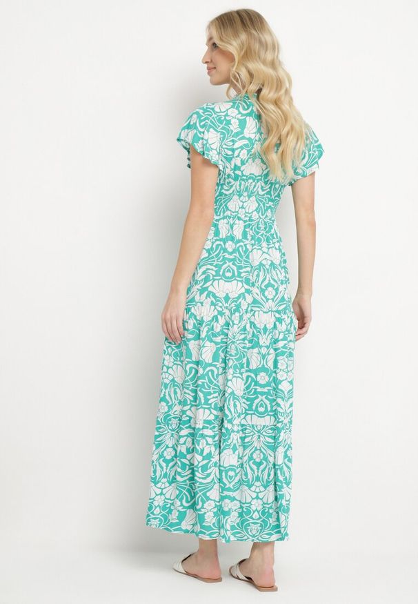 Born2be - Miętowa Rozkloszowana Sukienka Maxi z Luźnym Rękawem w Kwiatowy Print Oxeria. Kolor: miętowy. Wzór: kwiaty, nadruk. Sezon: lato. Typ sukienki: rozkloszowane. Długość: maxi