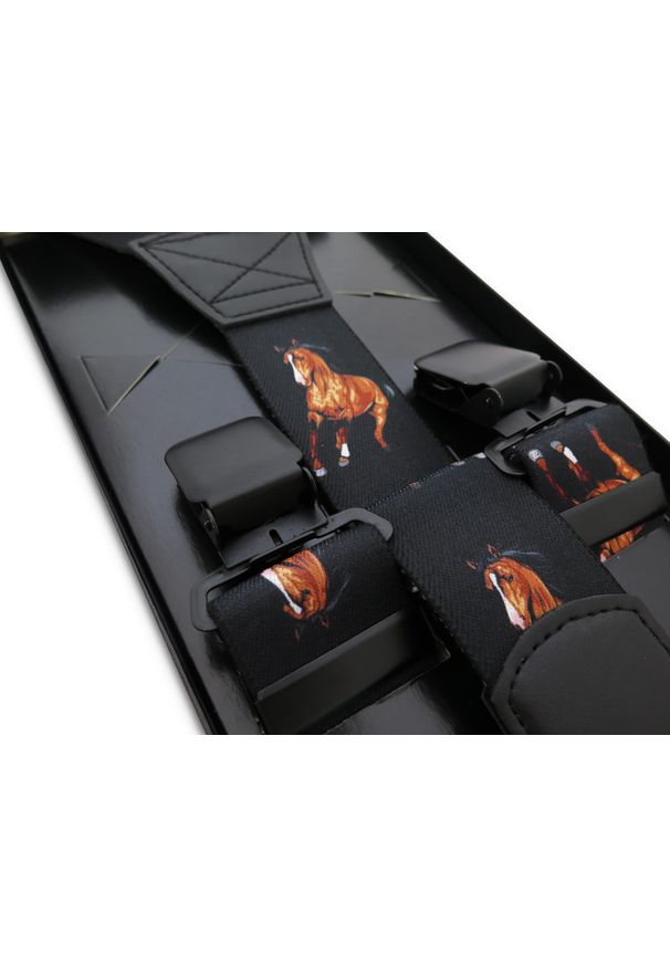 Modini - Czarne szelki męskie w konie SZ155. Kolor: czarny. Materiał: skóra, guma