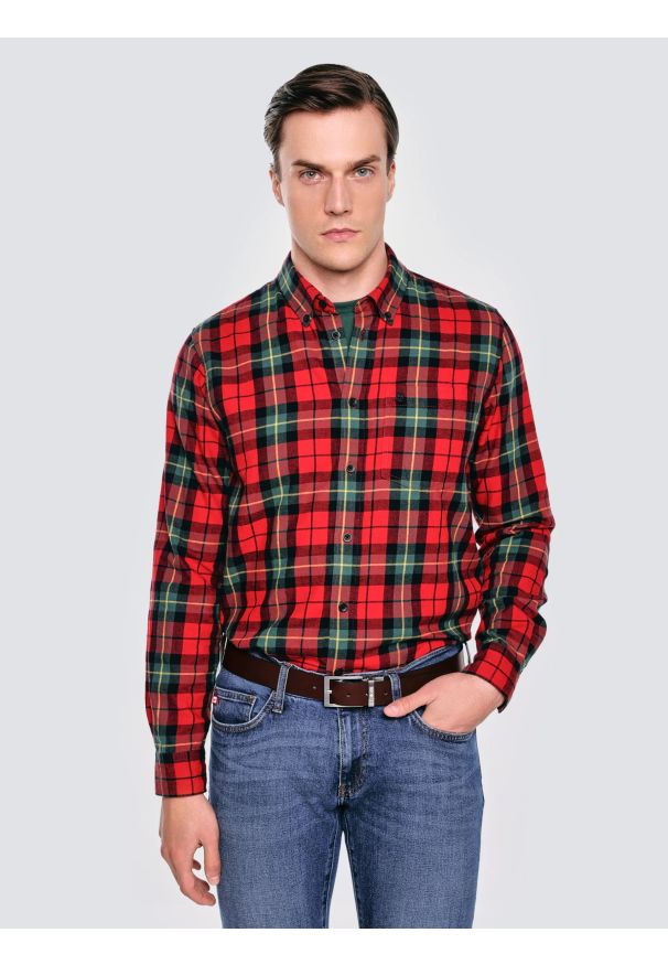 Big-Star - Koszula męska w kratę czerwona Sensitewo 603. Okazja: na co dzień. Kolor: czerwony. Materiał: tkanina, jeans. Wzór: kolorowy, haft, kratka. Styl: casual, elegancki