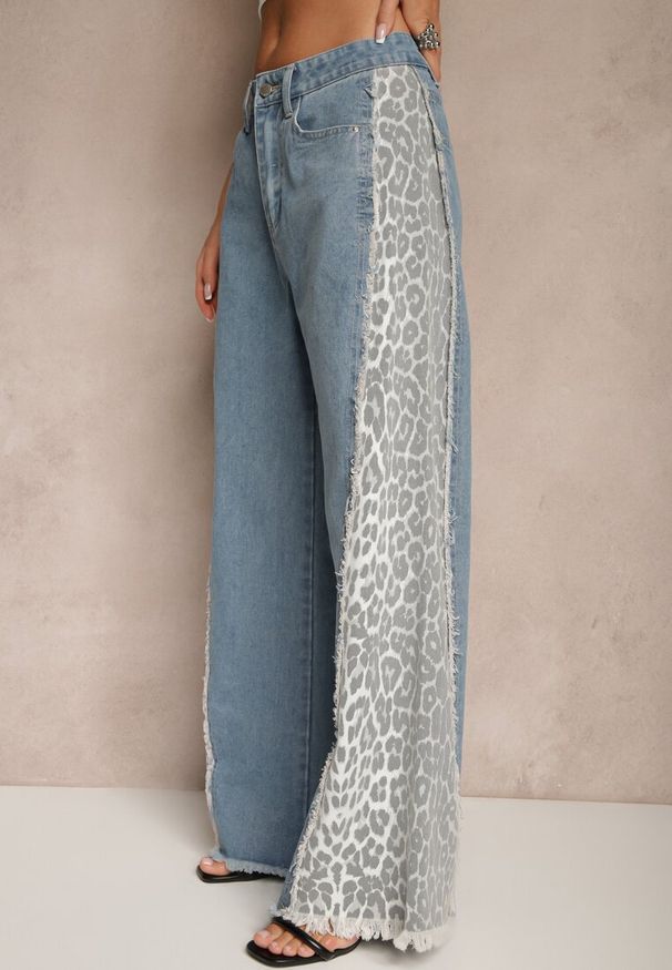 Renee - Niebieskie Jeansy z Bawełny High Waist ze Wzorem Panterki Velliane. Okazja: na co dzień. Stan: podwyższony. Kolor: niebieski. Wzór: motyw zwierzęcy. Styl: casual