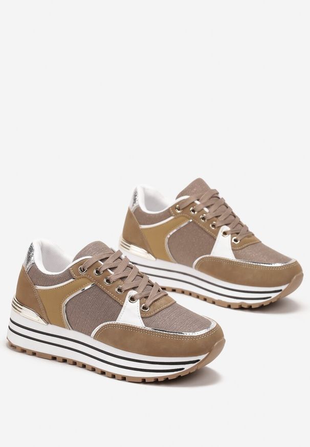Born2be - Ciemnobeżowe Sneakersy z Materiałowymi Wstawkami i Brokatem Jutofa. Kolor: beżowy. Materiał: materiał
