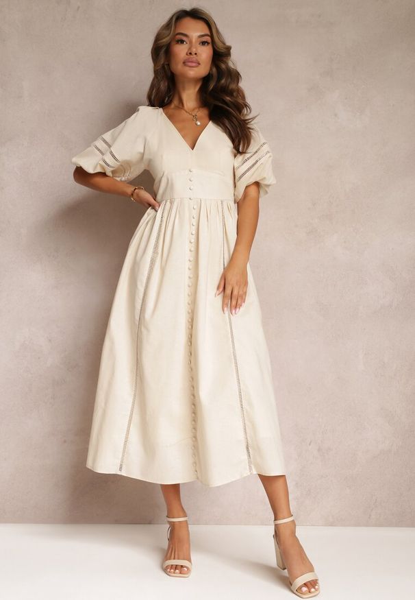 Renee - Beżowa Rozkloszowana Sukienka Maxi z Ażurowymi Wstawkami z Lnem i Bawełną Camya. Okazja: na co dzień. Kolor: beżowy. Materiał: bawełna, len. Wzór: ażurowy. Styl: casual, elegancki. Długość: maxi