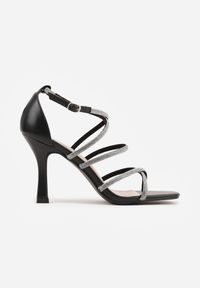 Renee - Czarne Sandały na Szpilce z Kwadratowym Noskiem i Cyrkoniowymi Paskami Zeviana. Okazja: na imprezę. Zapięcie: pasek. Kolor: czarny. Obcas: na szpilce. Styl: glamour, elegancki #5