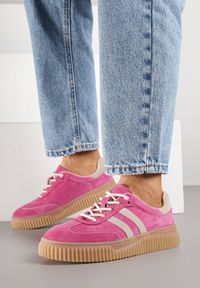 Born2be - Fuksjowe Skórzane Sneakersy Klasyczne Tenisówki z Zamszu Naturalnego Teniresela. Okazja: na co dzień. Kolor: różowy. Materiał: zamsz, skóra