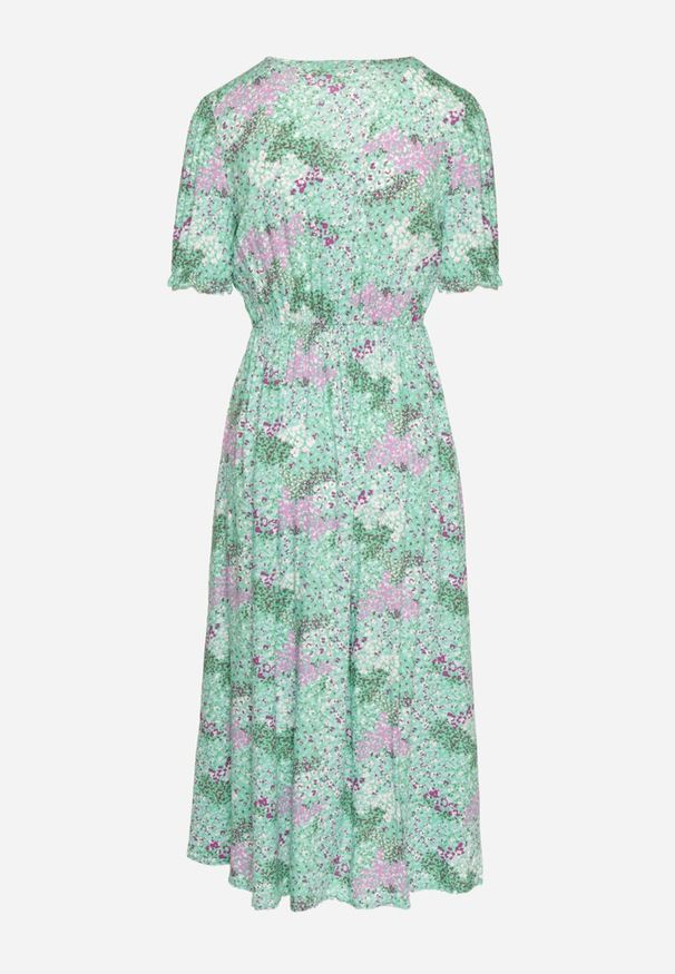 Born2be - Zielona Sukienka Midi z Głębokim Dekoltem i Gumką w Pasie z Wiskozy Arevik. Kolor: zielony. Materiał: wiskoza. Długość: midi