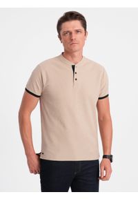 Ombre Clothing - Koszulka męska polo bez kołnierzyka - beżowa V5. Typ kołnierza: polo, bez kołnierzyka. Kolor: beżowy. Materiał: bawełna. Długość: długie #6
