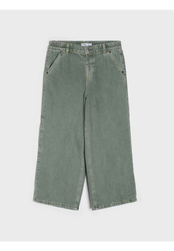 Sinsay - Jeansy wide leg z efektem sprania - khaki. Kolor: brązowy