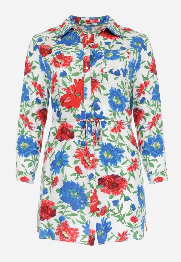 Born2be - Biała Koszulowa Sukienka Mini z Guzikami i Materiałowym Paskiem Raimeda. Kolekcja: plus size. Kolor: biały. Materiał: materiał. Wzór: kwiaty. Sezon: lato, wiosna. Typ sukienki: koszulowe. Długość: mini