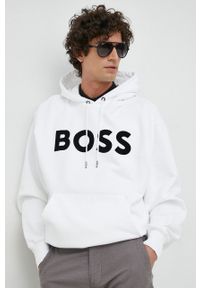 BOSS bluza bawełniana męska kolor biały z kapturem z nadrukiem. Typ kołnierza: kaptur. Kolor: biały. Materiał: bawełna. Wzór: nadruk #3