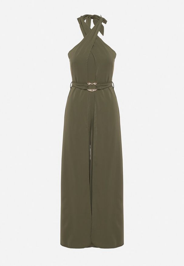 Born2be - Zielony Koktajlowy Kombinezon Wiązany na Szyję z Paskiem Melafela. Okazja: na imprezę. Kolor: zielony. Materiał: materiał. Styl: wizytowy