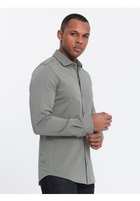 Ombre Clothing - Bawełniana męska koszula REGULAR z dzianiny single jersey - jasny khaki V4. Kolor: brązowy. Materiał: bawełna, jersey, dzianina. Wzór: haft, kolorowy #3