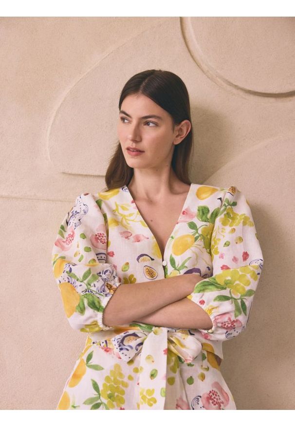 Reserved - Wzorzysta bluzka z lnem - wielobarwny. Materiał: len