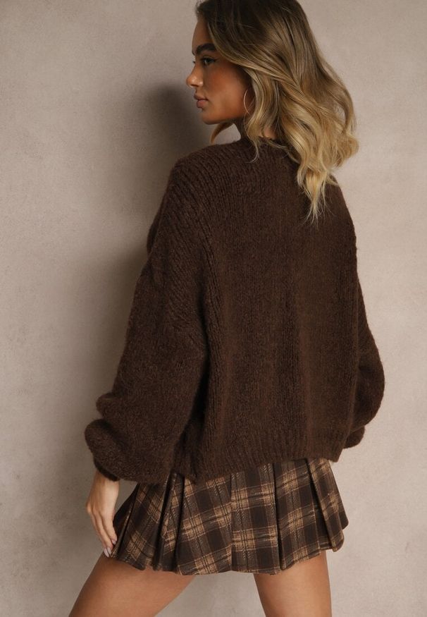 Renee - Brązowy Kardigan z Wełną o Kroju Oversize z Wiązanymi Kokardami Elearina. Typ kołnierza: kokarda. Kolor: brązowy. Materiał: wełna