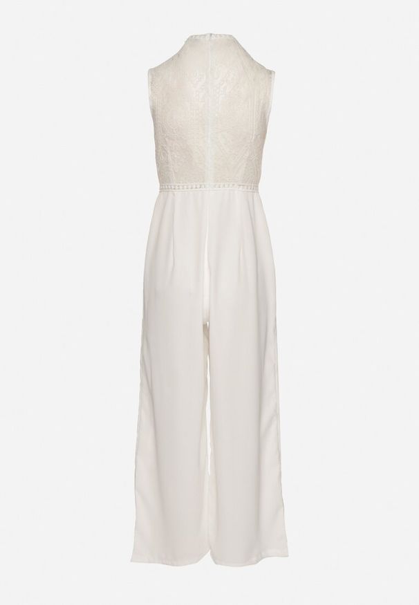 Born2be - Biały Kombinezon Bez Rękawów z Szeroką Nogawką i Siateczkowymi Zdobieniami Nalavie. Okazja: na co dzień, na imprezę. Kolor: biały. Materiał: skóra. Długość rękawa: bez rękawów. Wzór: aplikacja. Styl: casual, elegancki