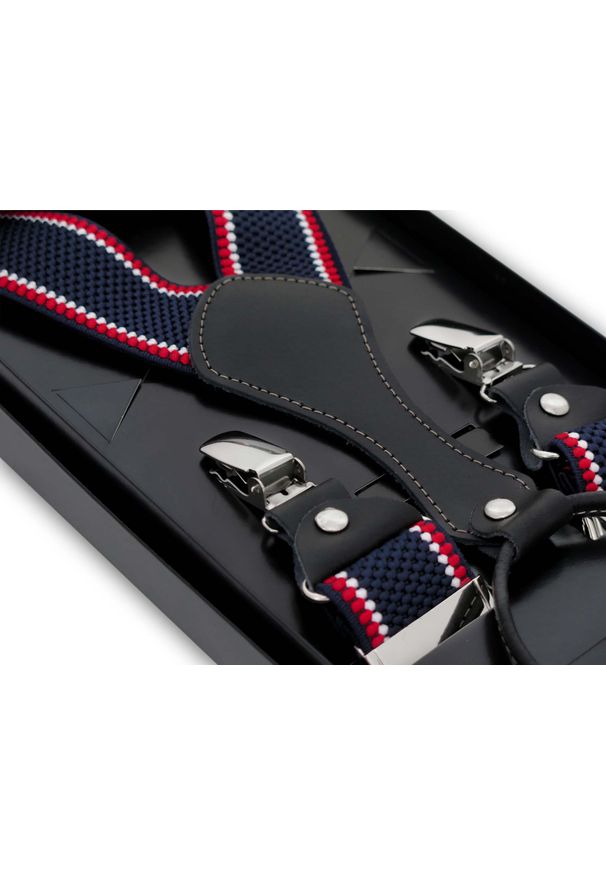 Modini - Granatoweszelki męskie z czerwonymi i białymi paskami SZ149. Kolor: biały, wielokolorowy, czerwony. Materiał: skóra, guma