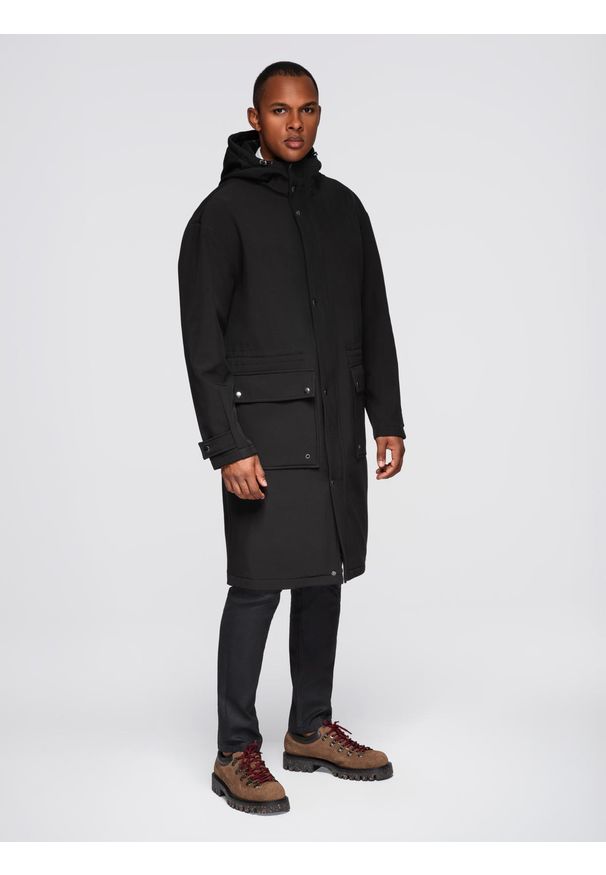 Ombre Clothing - Parka męska płaszcz z podszewką polarową i regulacją w talii – czarna V2 - Rozmiar: L. Kolor: czarny. Materiał: polar. Długość: długie. Wzór: gładki. Sezon: zima, jesień