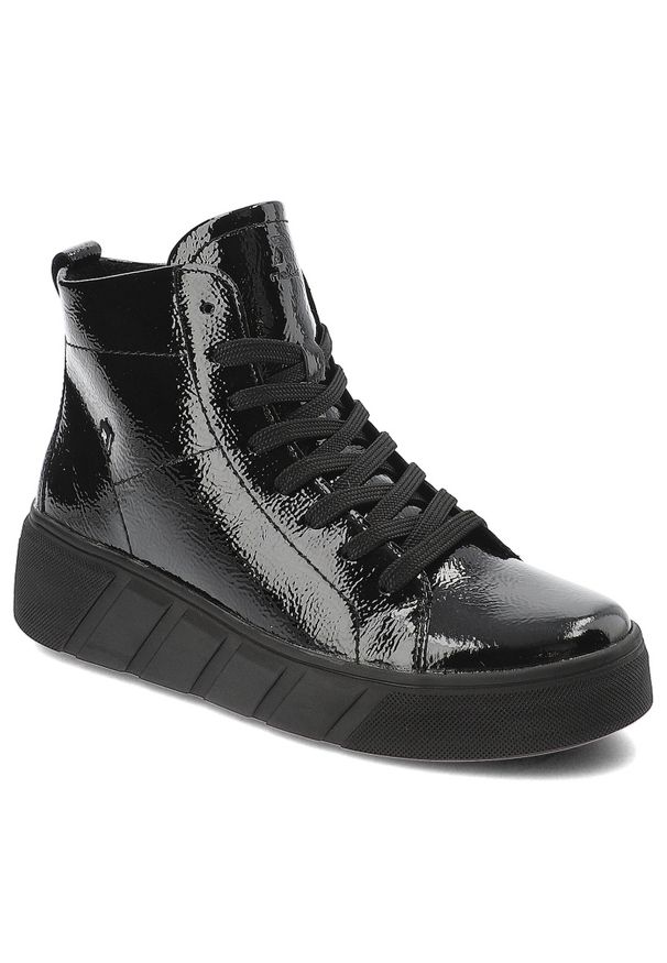 Czarne Botki Rieker Modne Lakierowane Obuwie Damskie. Okazja: na co dzień. Zapięcie: sznurówki. Kolor: czarny. Materiał: lakier. Styl: casual, elegancki