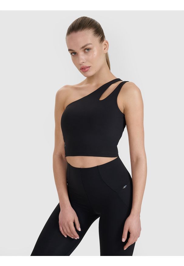 4f - 4F Crop top treningowy na jedno ramię 4F x Anna Lewandowska - czarny XS. Kolor: czarny. Materiał: dzianina, guma, włókno, syntetyk, materiał, tkanina, elastan. Wzór: gładki, ze splotem. Sport: joga i pilates, fitness