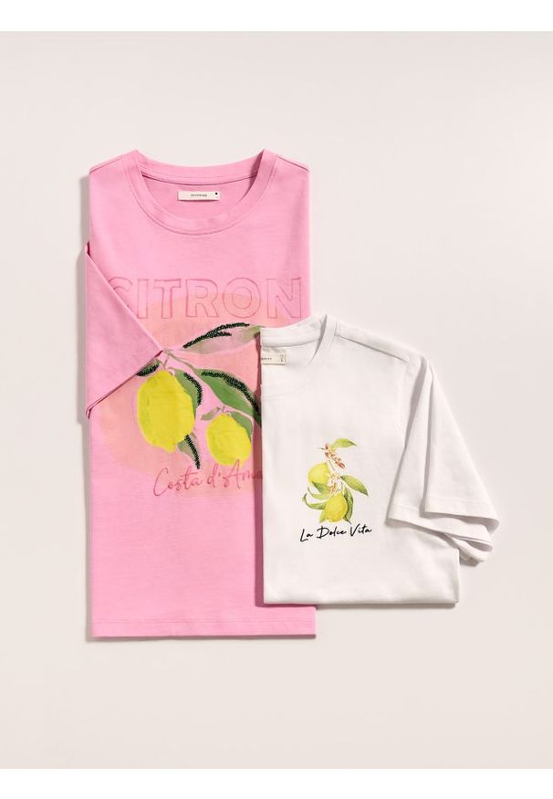 Reserved - Bawełniany t-shirt z nadrukiem - różowy. Kolor: różowy. Materiał: bawełna. Wzór: nadruk