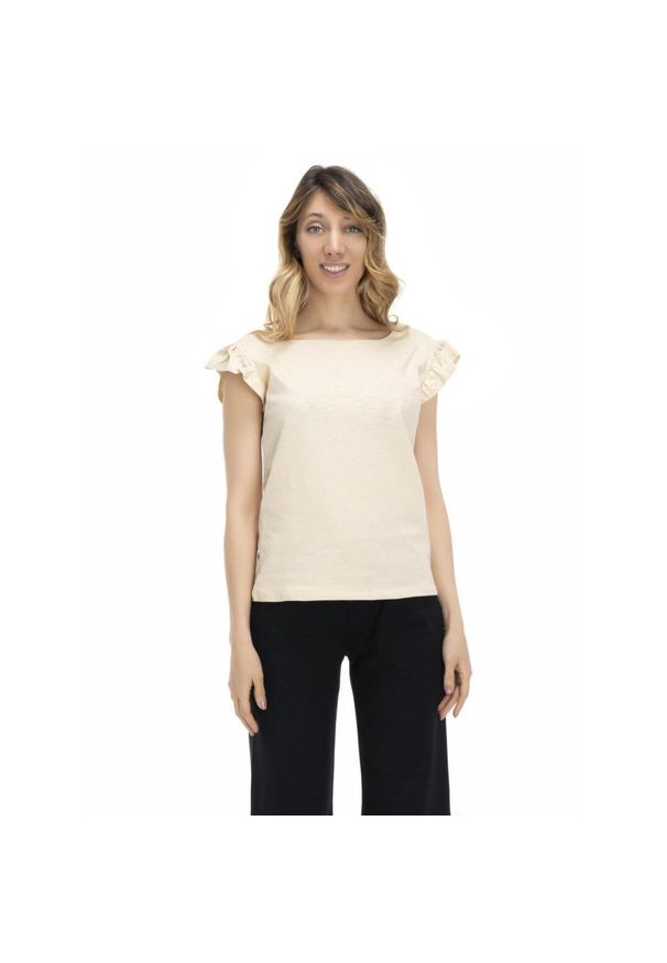 LEONE 1947 APPAREL - T-shirt damski z falbaną w kolorach ziemi. Kolor: biały, wielokolorowy, beżowy. Materiał: tkanina. Sport: fitness