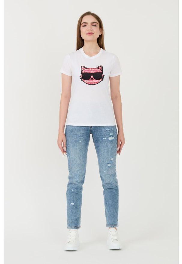 Karl Lagerfeld - KARL LAGERFELD Biały damski t-shirt Boucle Choupette, Rozmiar M. Kolor: biały