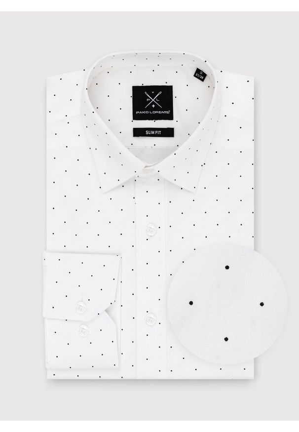 PAKO LORENTE – Biała koszula męska w czarne kropki P24SF-1X-001-B-S - Pako Lorente. Okazja: na co dzień. Kolor: wielokolorowy, biały, czarny. Długość rękawa: długi rękaw. Długość: długie. Wzór: kropki. Styl: casual, elegancki