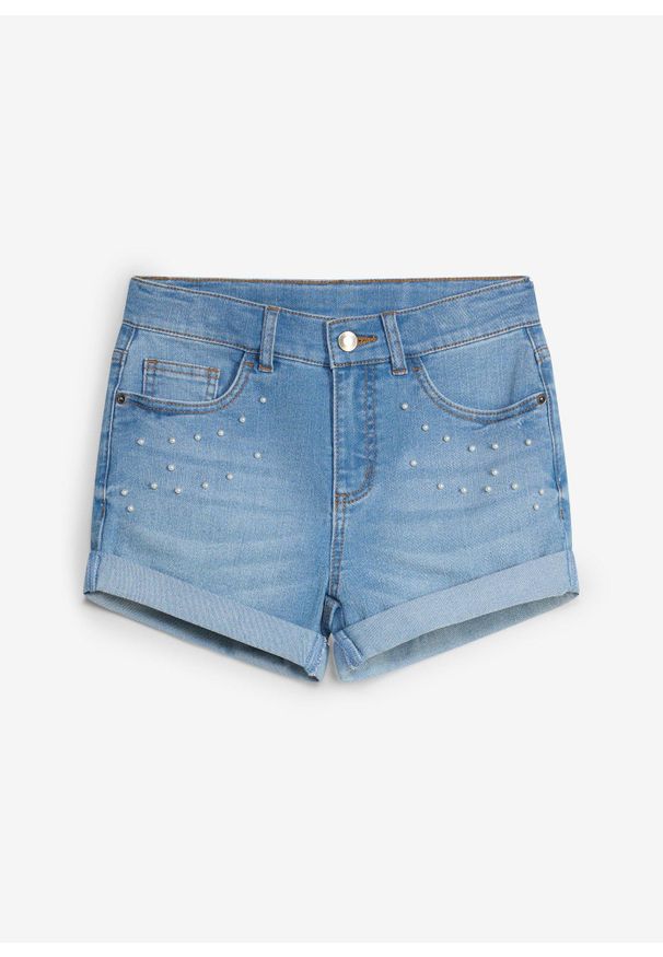 bonprix - Szorty jeansowe, średni stan. Kolor: niebieski. Wzór: aplikacja. Styl: elegancki