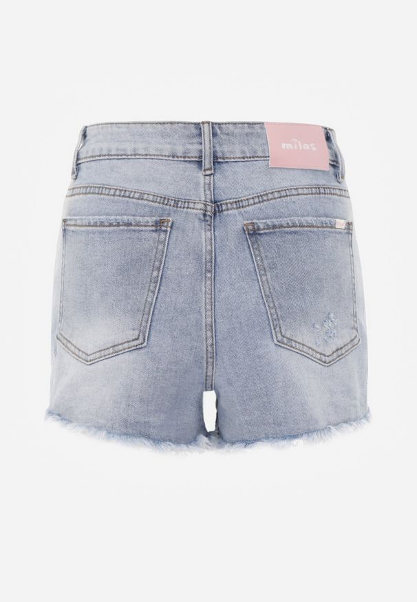 Renee - Niebieskie Szorty Jeansowe z Bawełną High Waist z Brokatem i Przetarciami Amatonice. Okazja: na spacer. Stan: podwyższony. Kolor: niebieski. Materiał: jeans, bawełna. Sezon: lato