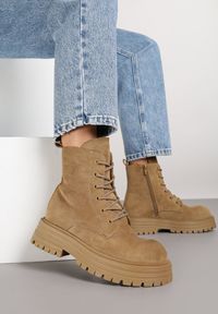 Renee - Ciemnobeżowe Casualowe Botki Typu Workery Vemarine. Okazja: na co dzień. Zapięcie: sznurówki. Kolor: beżowy. Materiał: jeans. Styl: casual