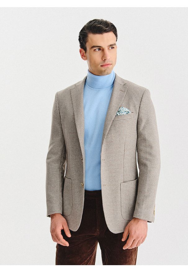 Pako Lorente - PAKO LORENTE - Jasnobrązowa marynarka w drobną kartkę. Okazja: na co dzień. Kolor: brązowy. Materiał: wełna, poliester. Wzór: kratka. Styl: casual