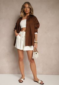 Renee - Jasnobeżowe Szorty High Waist Ozdobione Sznurkiem Lunevia. Okazja: na co dzień. Stan: podwyższony. Kolor: beżowy. Wzór: aplikacja. Styl: casual