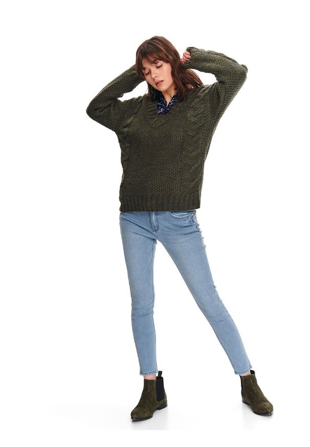 TOP SECRET - Sweter długi rękaw damski luźny. Typ kołnierza: dekolt w serek. Kolor: zielony. Materiał: jeans. Długość rękawa: długi rękaw. Długość: długie. Sezon: wiosna