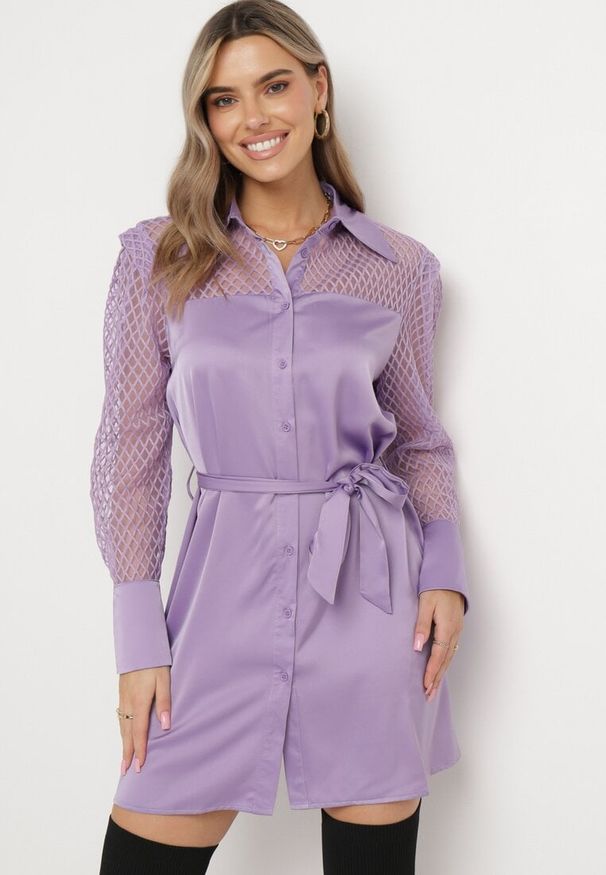 Born2be - Fioletowa Koszulowa Mini Sukienka z Materiałowym Paskiem i Siateczką w Górnej Części Gudris. Kolor: fioletowy. Materiał: materiał. Typ sukienki: koszulowe. Długość: mini