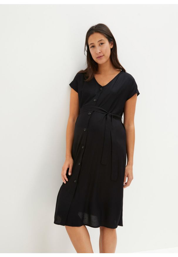 bonprix - Sukienka ciążowa i do karmienia piersią, z plisą guzikowa. Kolekcja: moda ciążowa. Kolor: czarny