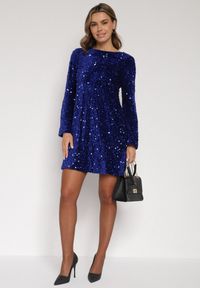Born2be - Niebieska Cekinowa Sukienka z Odkrytymi Plecami i Wiązaniem Diadina. Kolor: niebieski. Materiał: wiskoza, elastan, futro. Wzór: aplikacja. Styl: wizytowy, elegancki #5