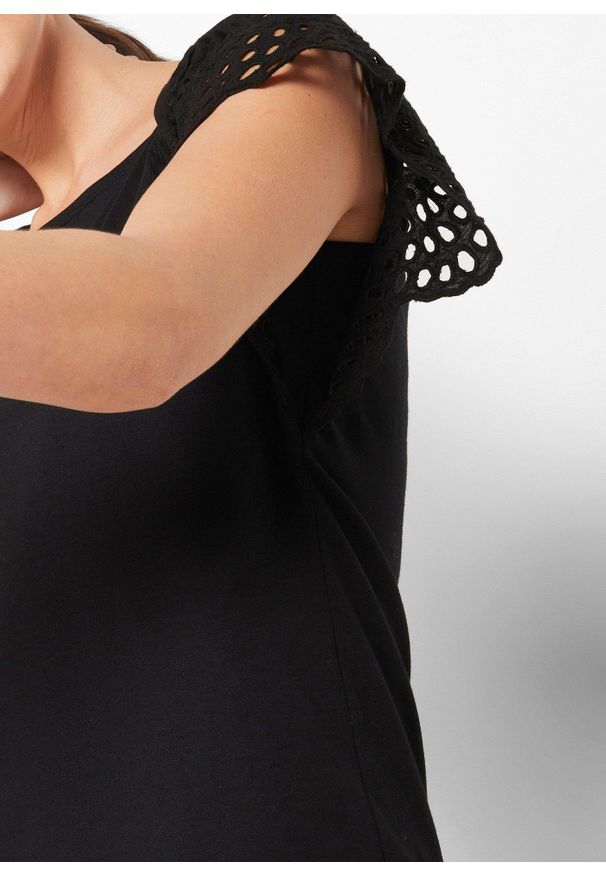 bonprix - Bluzka z mieszanki bawełny. Kolor: czarny. Materiał: bawełna. Wzór: ażurowy, haft. Styl: elegancki, klasyczny