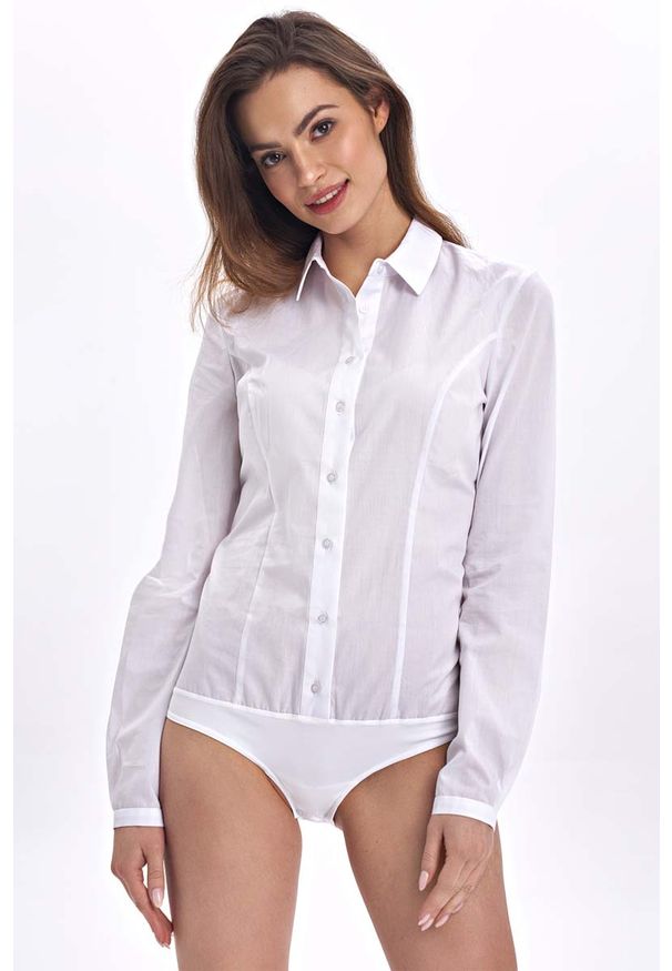 Nife - Biała Klasyczna Taliowana Koszula -Body. Kolor: biały. Materiał: poliester, bawełna. Styl: klasyczny