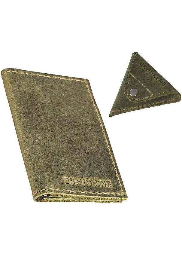 Skórzany zestaw portfel i bilonówka BRODRENE SW03 + CW01 zielony. Kolor: oliwkowy. Materiał: skóra