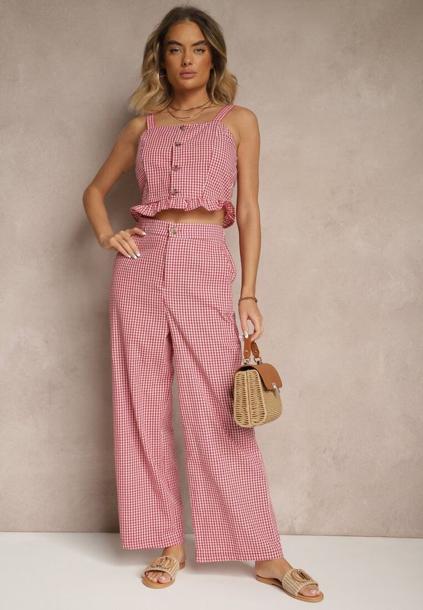 Renee - Czerwona Bluzka Top w Kratę z Guzikami i Falbanką Falionna. Okazja: na co dzień. Kolor: czerwony. Materiał: jeans. Długość rękawa: na ramiączkach. Wzór: kratka. Sezon: lato. Styl: klasyczny, elegancki, casual